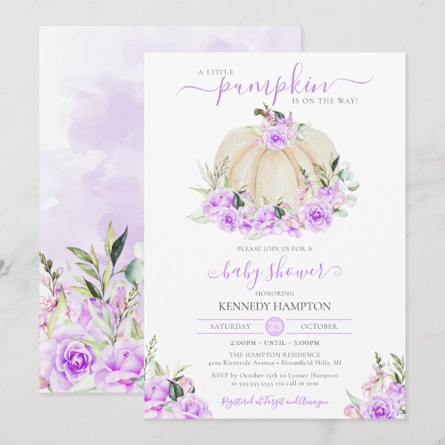 Invitation Petit Citrouille blanc violet Rose  Baby shower fi (Devant / Derrière)