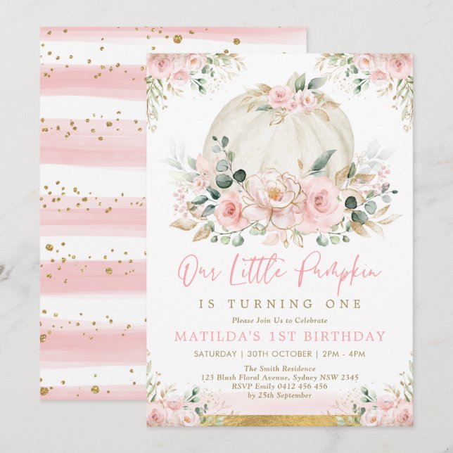 Invitation Petit Citrouille Blush rose Floral Automne Anniver (Devant / Derrière)