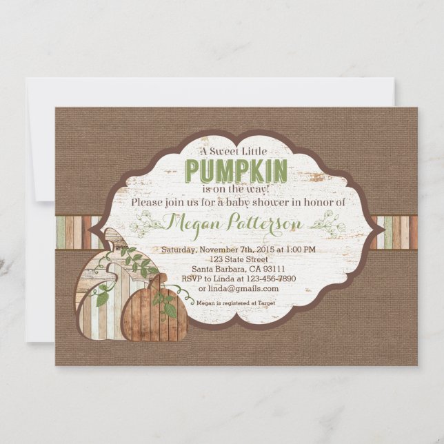 Invitation Petit Citrouille en chemin ! Baby shower rustique (Devant)