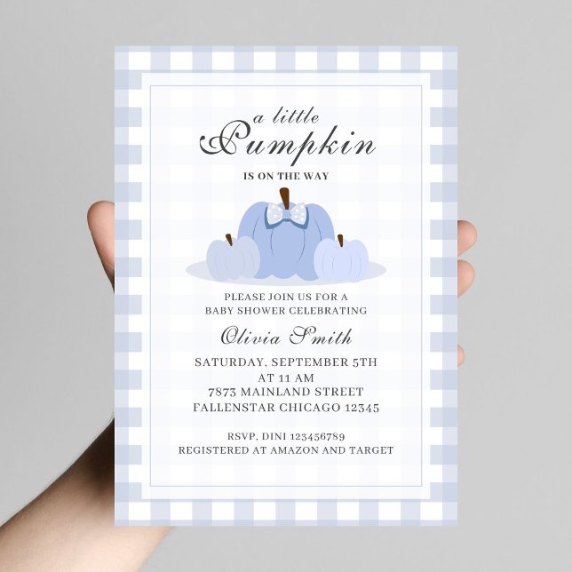 Invitation Petit Citrouille Fall Pastel Blue Bow Baby shower (Créateur téléchargé)