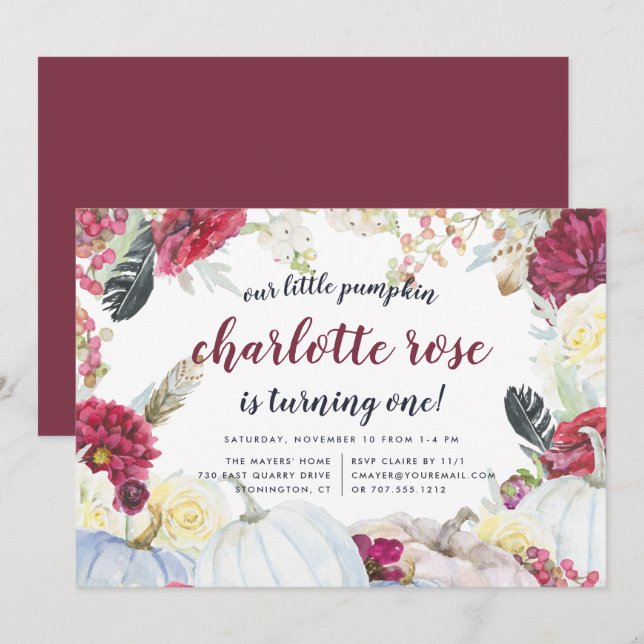 Invitation Petit Citrouille | Fête d'anniversaire florale d'a (Devant / Derrière)