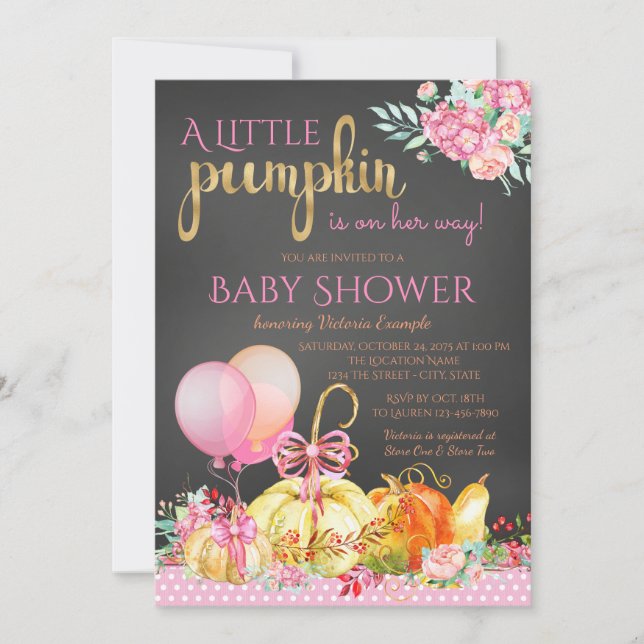 Invitation Petit Citrouille Filles Chalkboard Baby shower Aut (Devant)