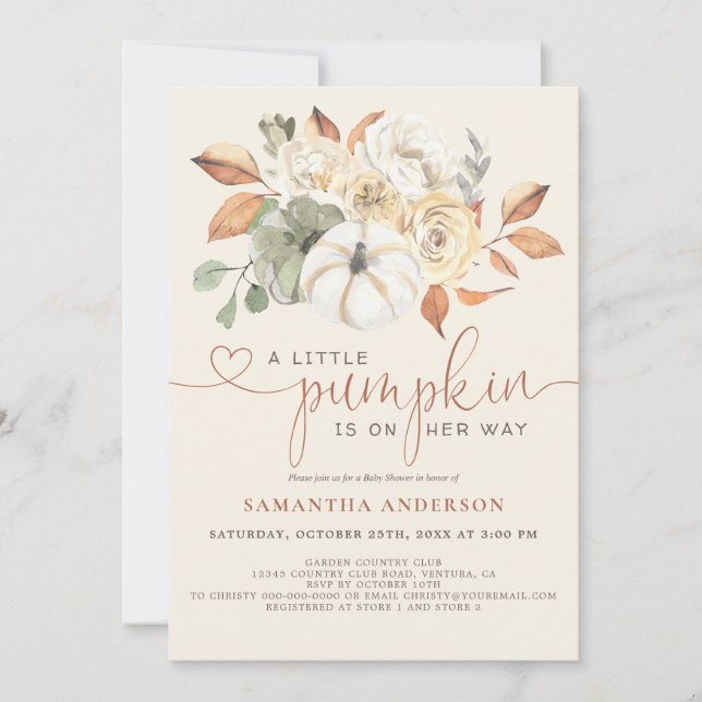 Invitation Petit Citrouille Floral Aquarelle bébé fille douch (Devant)