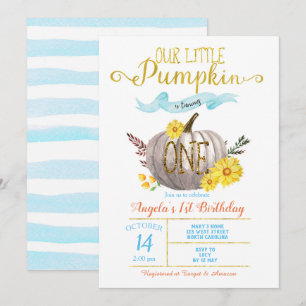 Invitation Petit Citrouille Garçon Gold Blue Automne 1er Anni