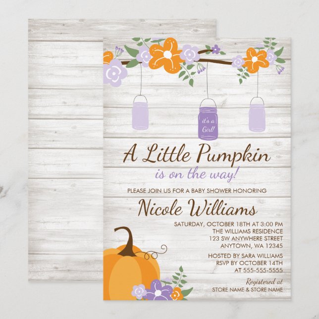 Invitation Petit Citrouille Mason Jar Lavender Baby shower fi (Devant / Derrière)