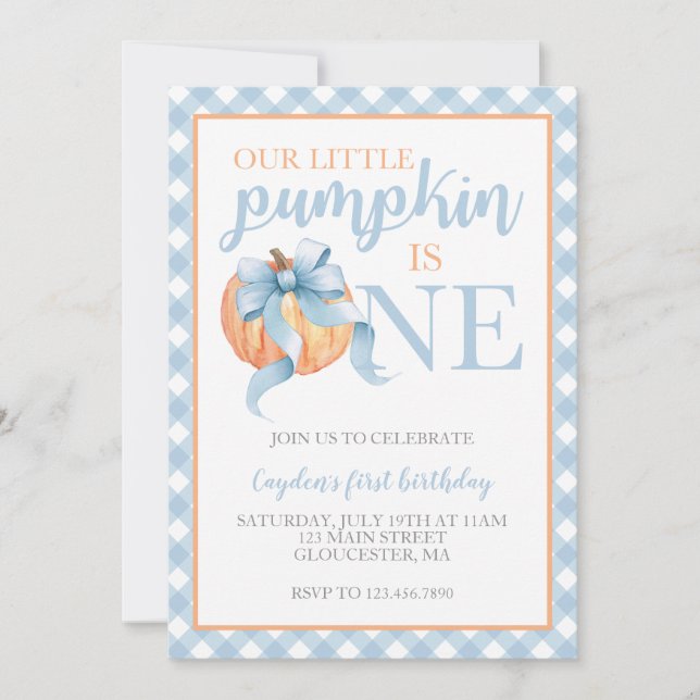 Invitation Petit Citrouille Pastel Blue Bow automne 1er anniv (Devant)