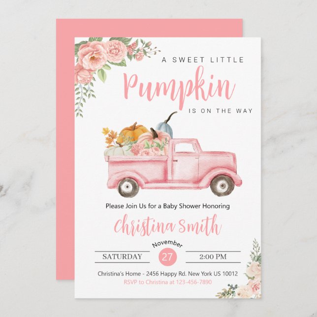 Invitation Petit Citrouille Pink Rustic Camion bébé fille dou (Devant / Derrière)