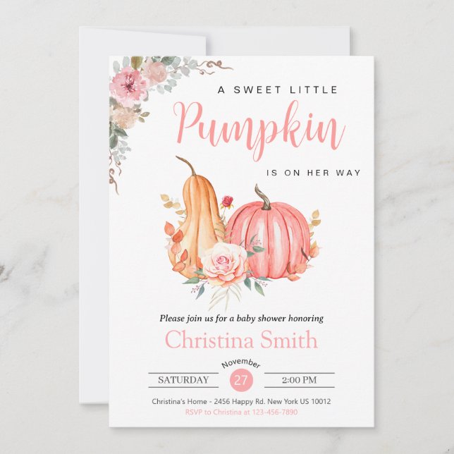 Invitation Petit Citrouille Rose Floral Baby Girl Douche (Devant)