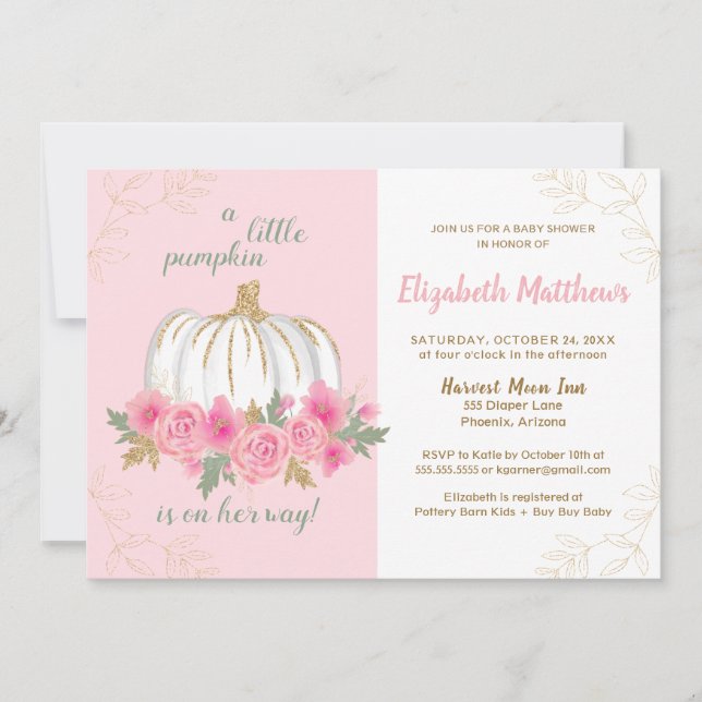 Invitation Petit Citrouille Rose or automne Baby shower fille (Devant)