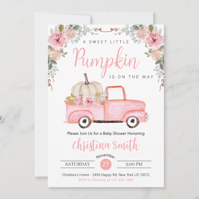 Invitation Petit Citrouille rose Rustique Camion bébé fille d (Devant)