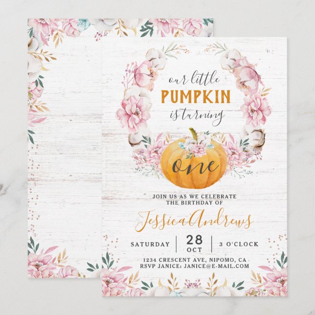 Invitation Petit Citrouille Rustique Coton Floral Premier Ann (Devant / Derrière)