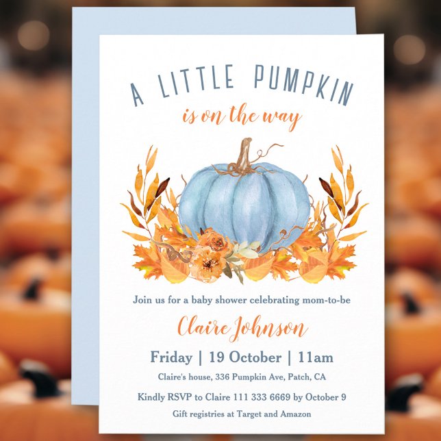 Invitation Petit Citrouille Sur Le Chemin Baby shower Blue Bo (Little Pumpkin Is On The Way Blue Boy Baby Shower Invitation)