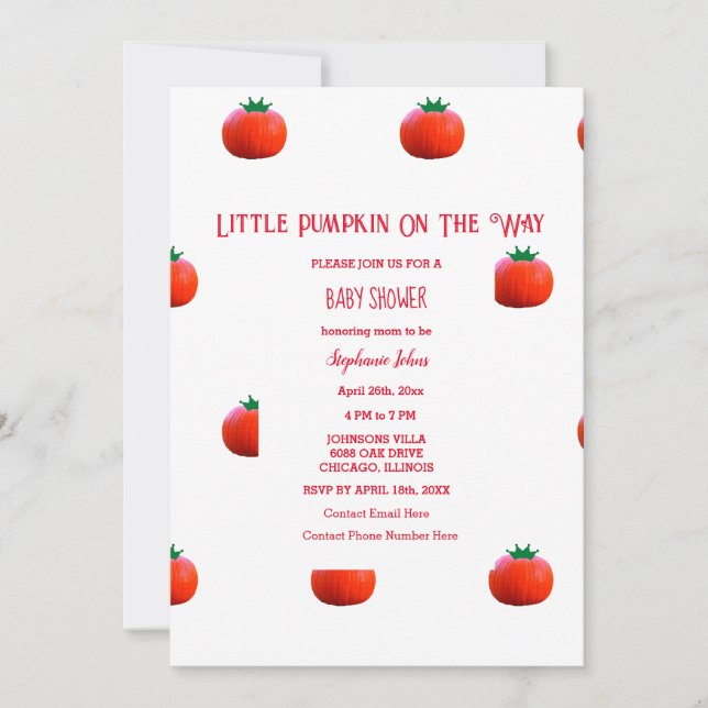 Invitation Petit Citrouille Sur Le Chemin Mignonne Baby showe (Devant)