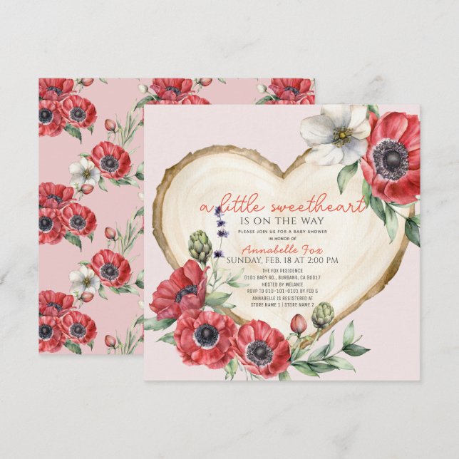 Invitation Petit Coeur doux Baby shower en tranche de bois (Devant / Derrière)