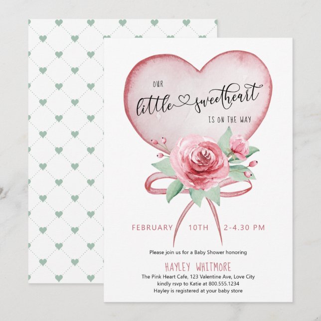 Invitation Petit coeur rose et Baby shower Rose (Devant / Derrière)