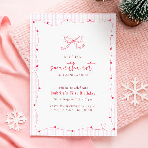 Invitation Petit coeur rose ruban rouge 1er anniversaire