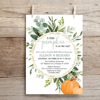 Invitation Petit couple de citrouilles automne verdure baby s