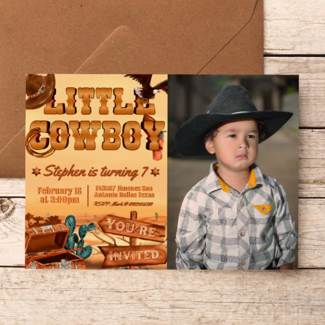 Invitation Petit cow-boy avec photo (Little Cowboy -  Boy Birthday Landscape Invitation with Picture)