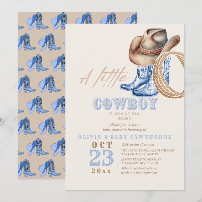 Invitation Petit Cowboy Premier Baby shower Rodéo (Devant / Derrière)
