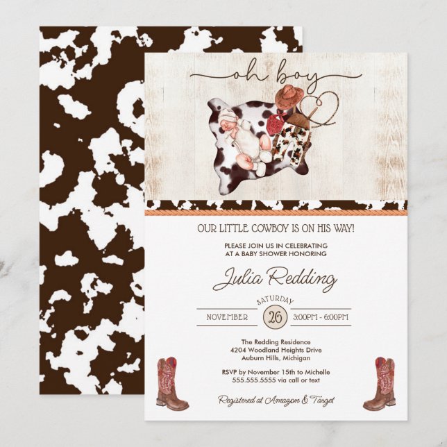 Invitation Petit Cowboy Rustic Western V4 Baby shower garçon (Devant / Derrière)