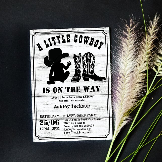 Invitation Petit cowboy rustique baby shower noir et blanc (Créateur téléchargé)