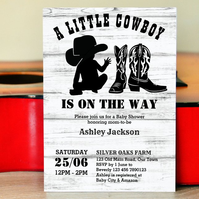 Invitation Petit cowboy rustique baby shower noir et blanc (Créateur téléchargé)
