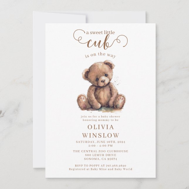 Invitation Petit Cub Aquarelle Baby shower Ours En Teddy (Devant)