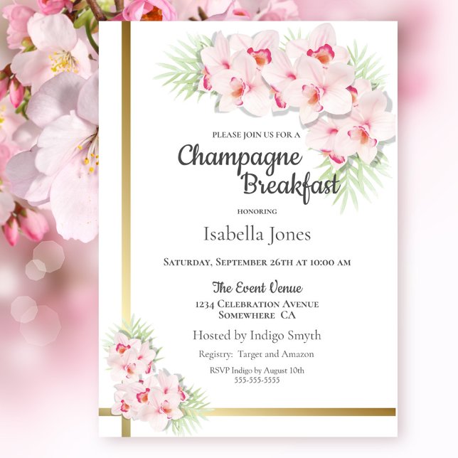 Invitation Petit déjeuner de champagne rose et or Floral (Créateur téléchargé)