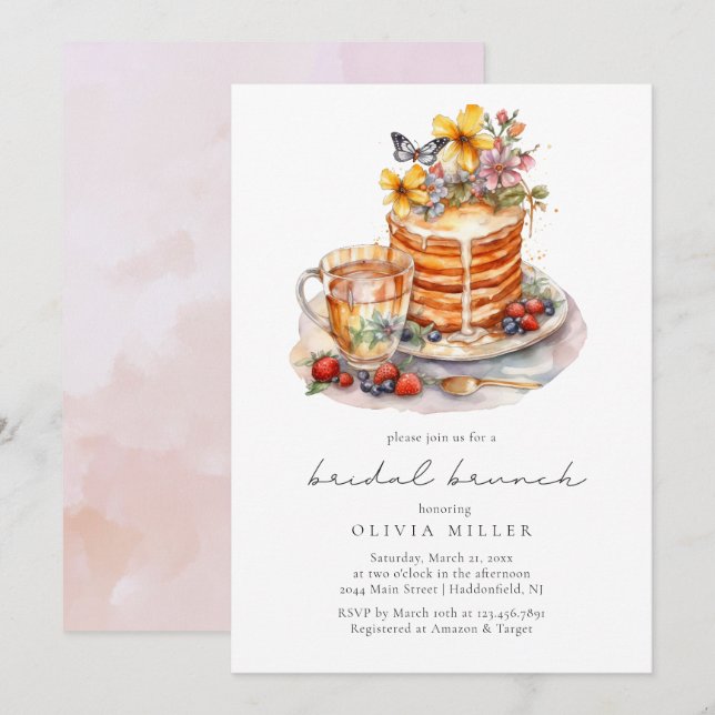 Invitation Petit déjeuner de mariage aux crêpes à l'aquarelle (Devant / Derrière)