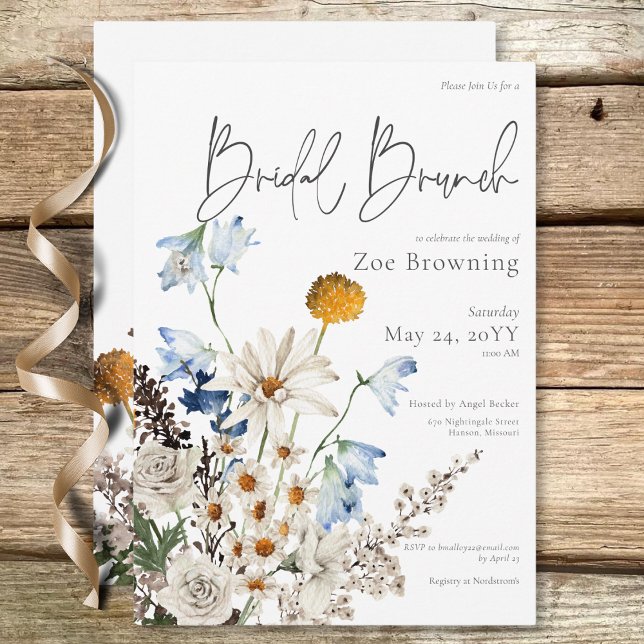 Invitation Petit déjeuner de mariage aux fleurs sauvages bleu (Rustic Blue Wildflowers & Daisies Bridal Brunch Invitation)