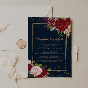 Invitation Petit Déjeuner de Mariage Rouge Paillettes Or Géom