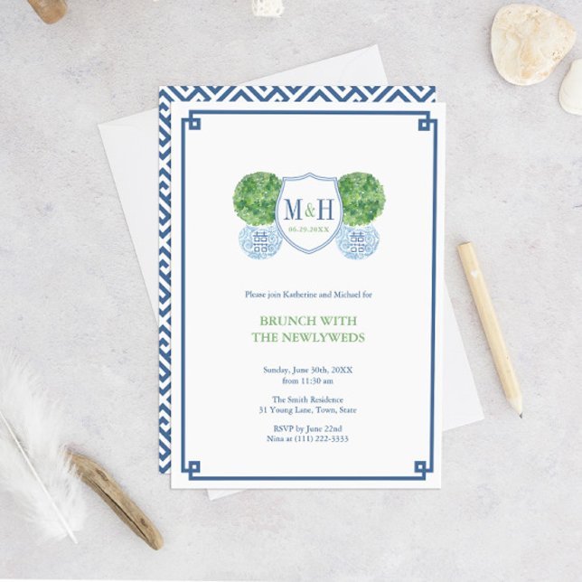 Invitation Petit déjeuner-déjeuner Smart bleu et vert monogra (Créateur téléchargé)