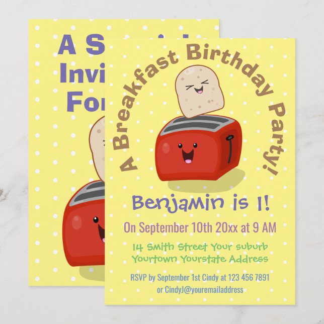 Invitation Petit-déjeuner grillé mignon dessin animé annivers (Devant / Derrière)