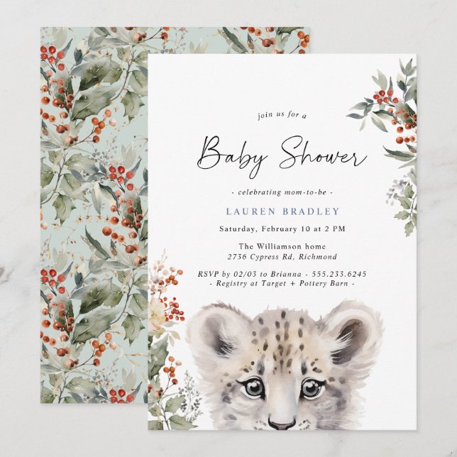 Invitation Petit-déjeuner léopard des neiges | Baby shower d' (Devant / Derrière)