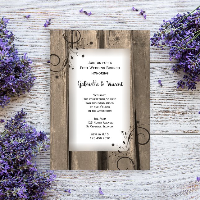 Invitation Petit Déjeuner Rustique de Campagne en Bois de Gra (Invite guests to your day after celebration with this rustic post wedding brunch invitation.)