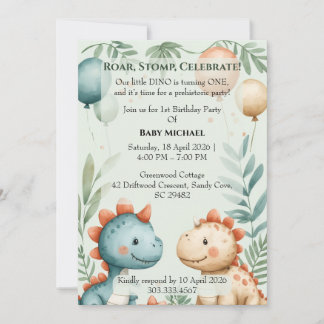 Invitation Petit Dino qui a un an Pastel Aquarelle Anniversai
