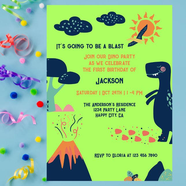 Invitation Petit Dinosaur Volcan Vert Bleu 1er Anniversaire (Créateur téléchargé)