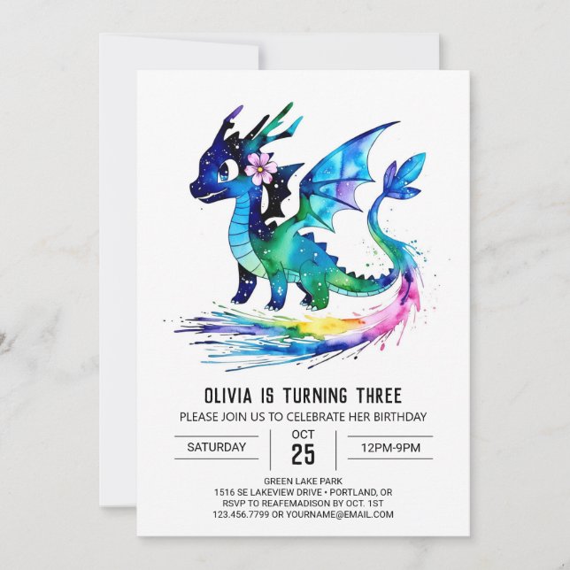Invitation Petit Dragon Coloré Digital Girl Anniversaire (Devant)
