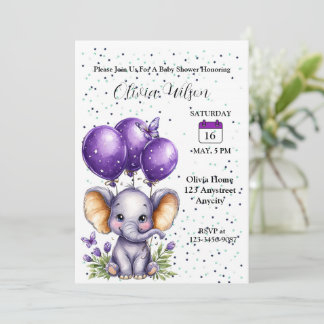 Invitation Petit Éléphant avec des Ballons Violets Rêveurs