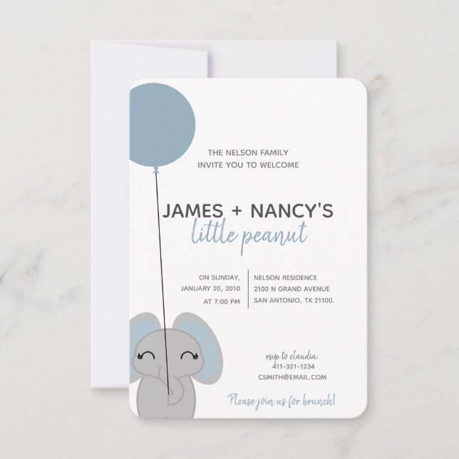 Invitation petit éléphant bleu BABY SHOWER cacahuète (Devant)