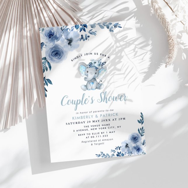 Invitation petit éléphant bleu fleuri douche (Créateur téléchargé)