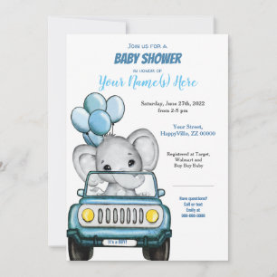 Invitation Petit éléphant dans le Baby shower de voiture Invi