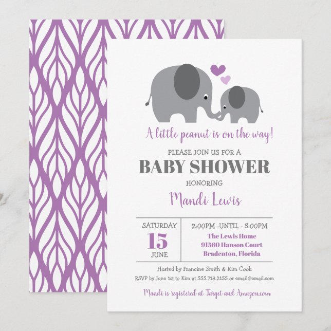 Invitation Petit Eléphant d'arachide Baby shower de fille pou (Devant / Derrière)
