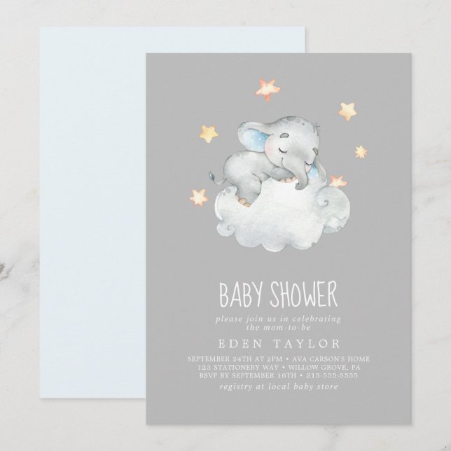 Invitation Petit éléphant en train de dormir | Baby shower gr (Devant / Derrière)