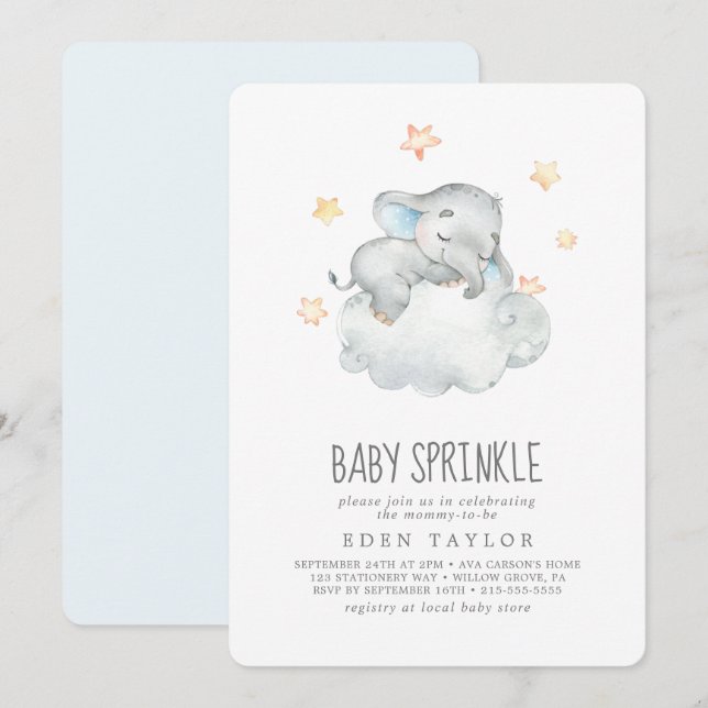 Invitation Petit Eléphant Garçon Dormir Bébé Parsemer (Devant / Derrière)