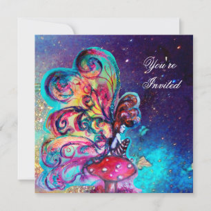 Invitation PETIT ELFÉ DE CHAMPIGNONS, rose jaune bleu scintil