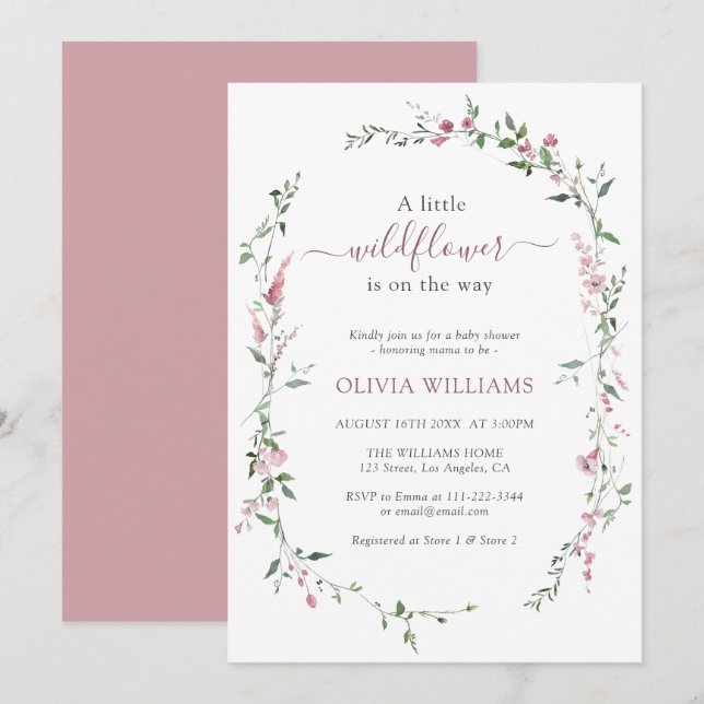 Invitation Petit Fleur sauvage Dusty Rose rose Baby shower fi (Devant / Derrière)