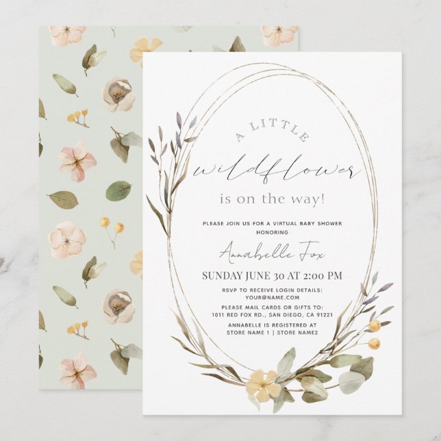 Invitation Petit Fleur sauvage Oval Girl Baby shower virtuel (Devant / Derrière)
