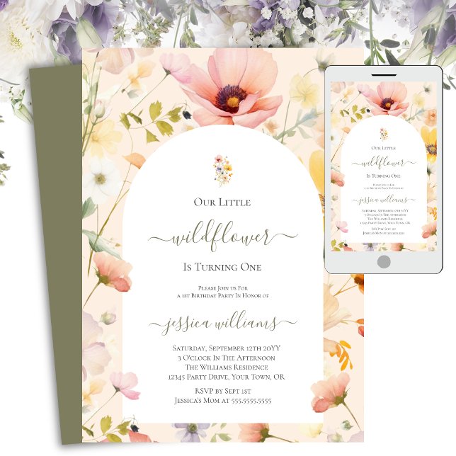 Invitation Petit Fleur sauvage qui tourne un joli 1er anniver (Créateur téléchargé)
