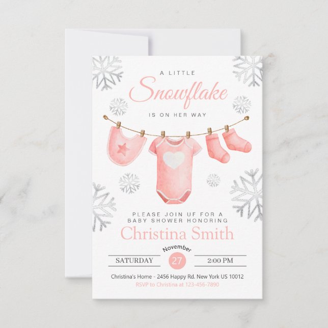 Invitation Petit Flocon De Neige Sur Le Chemin Pink Baby Girl (Devant)